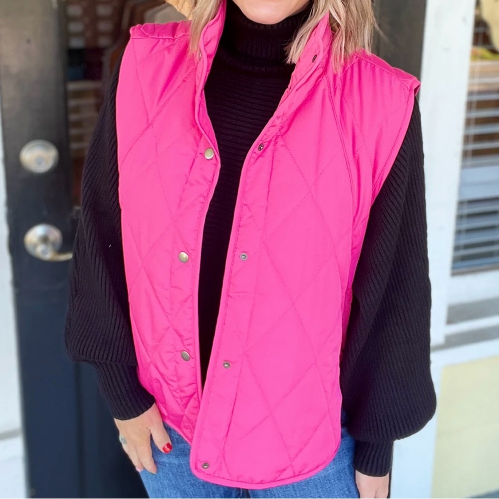 Hot Pink Quilted Puffer Snap Button Vest